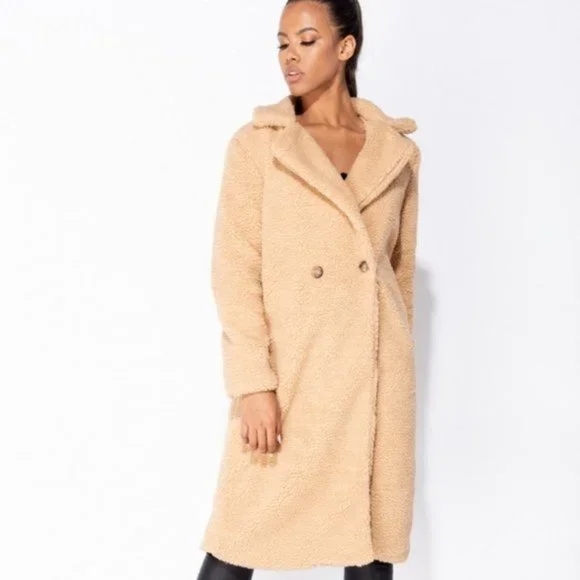 Camel Long Sleeve Loose Fit Double Breasted Long Maxi Teddy Bear Fur Coat - Picture 4 of 12